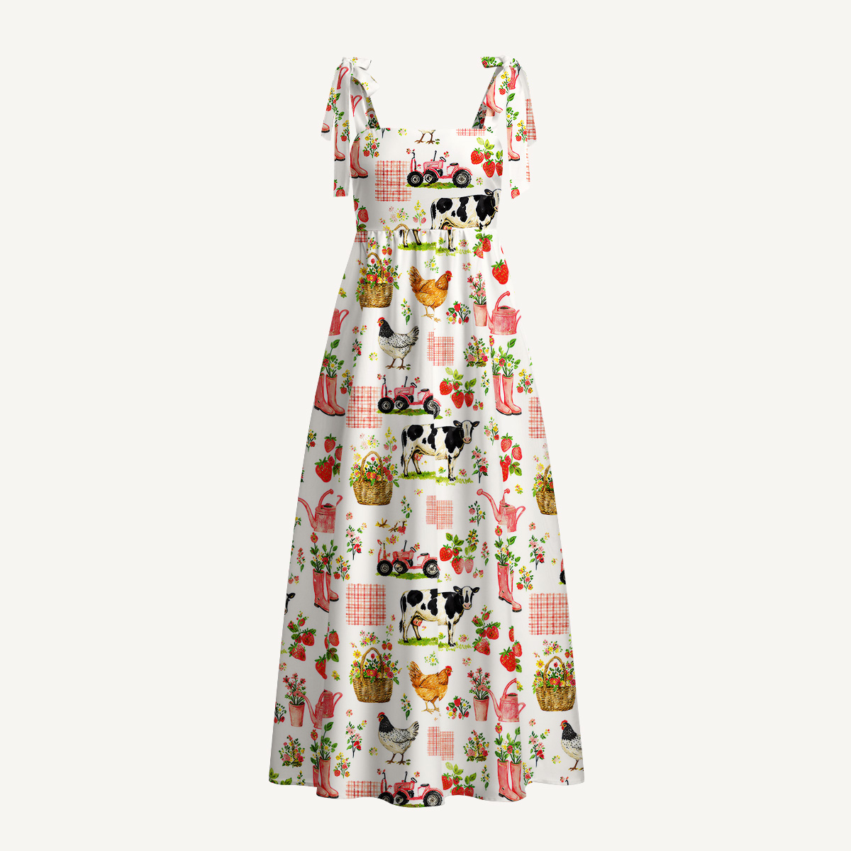 Watercolor Pink Farm Cow Chicken Print Bow Strap Maxi Dress