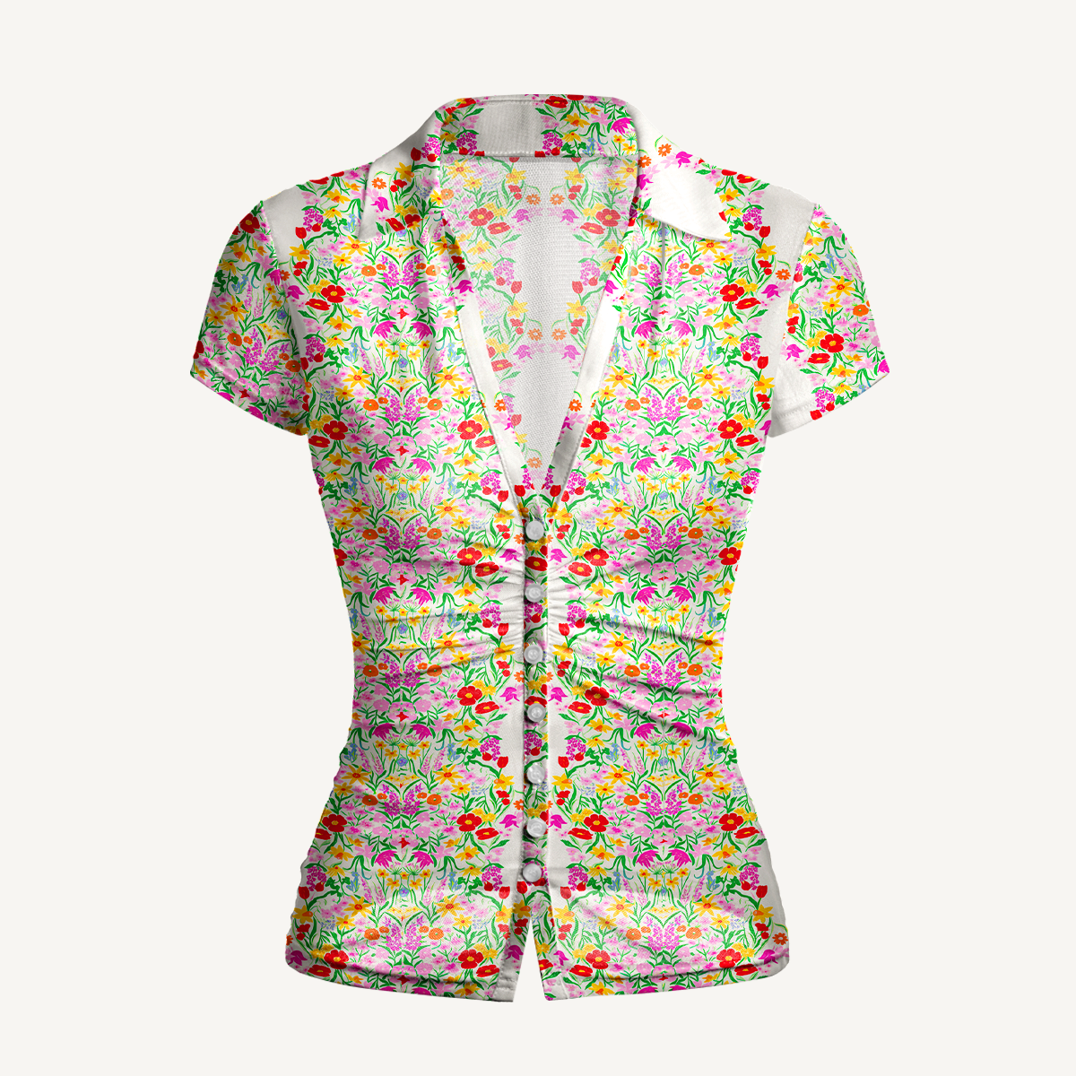 V-Neck Short Sleeve Elegant Garden Print Mesh Top