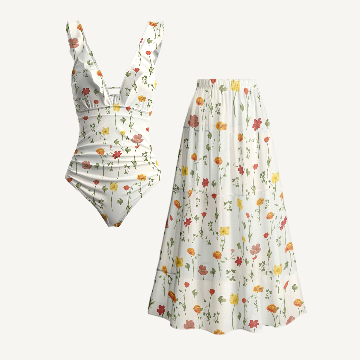 Wildlight Meadow Ruffled V Neck One Piece Swimsuit and Matching Midi Skirt Set