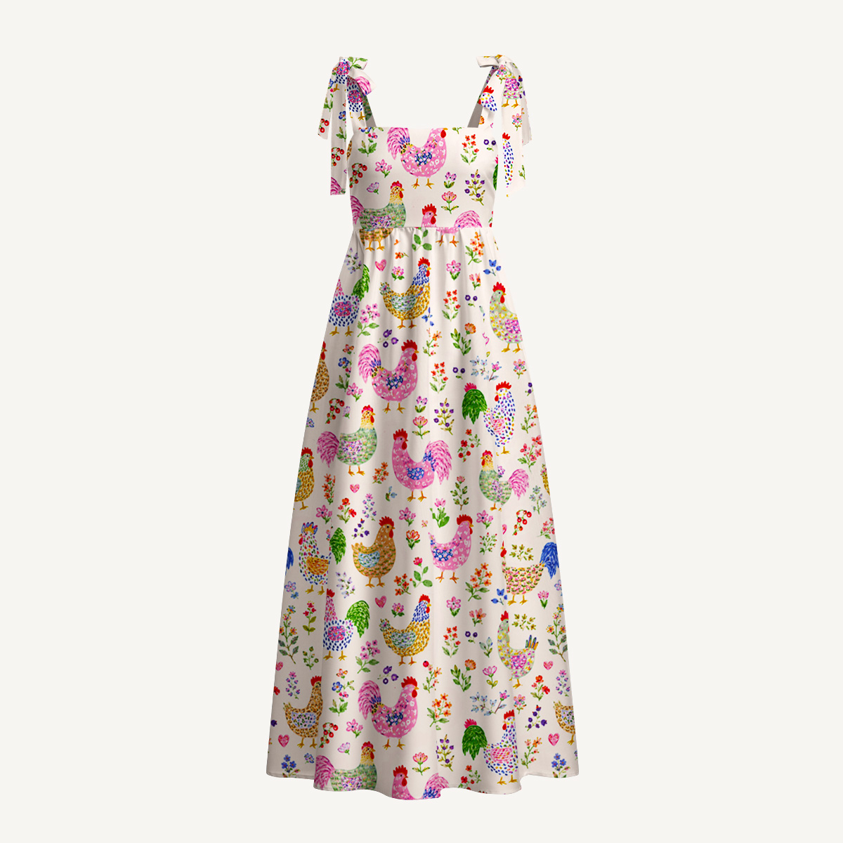 Colorful Farm Chickens Print Bow Strap Maxi Dress