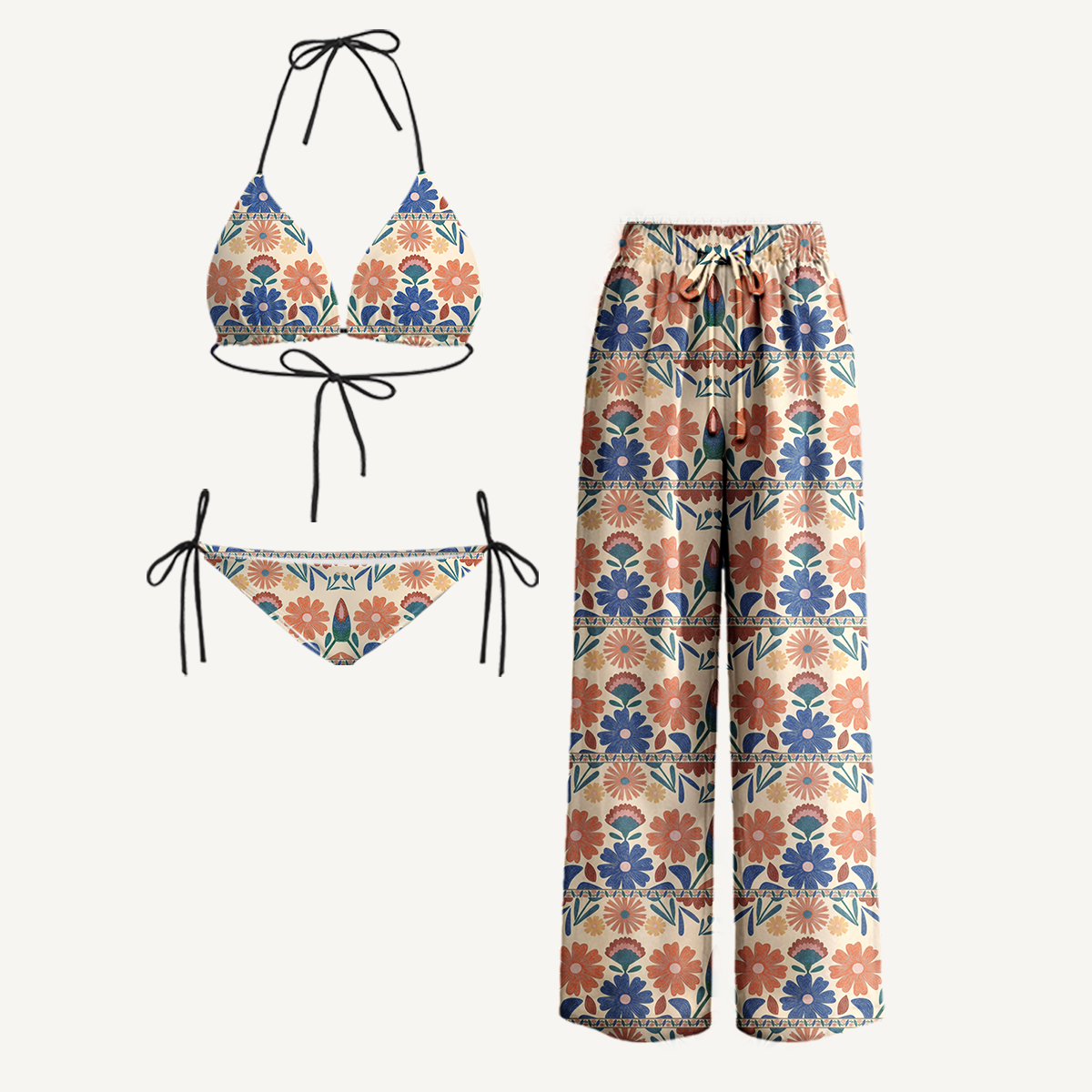 Bohemian Folk Floral Stripe Tie Side Bikini Set with Matching Pants