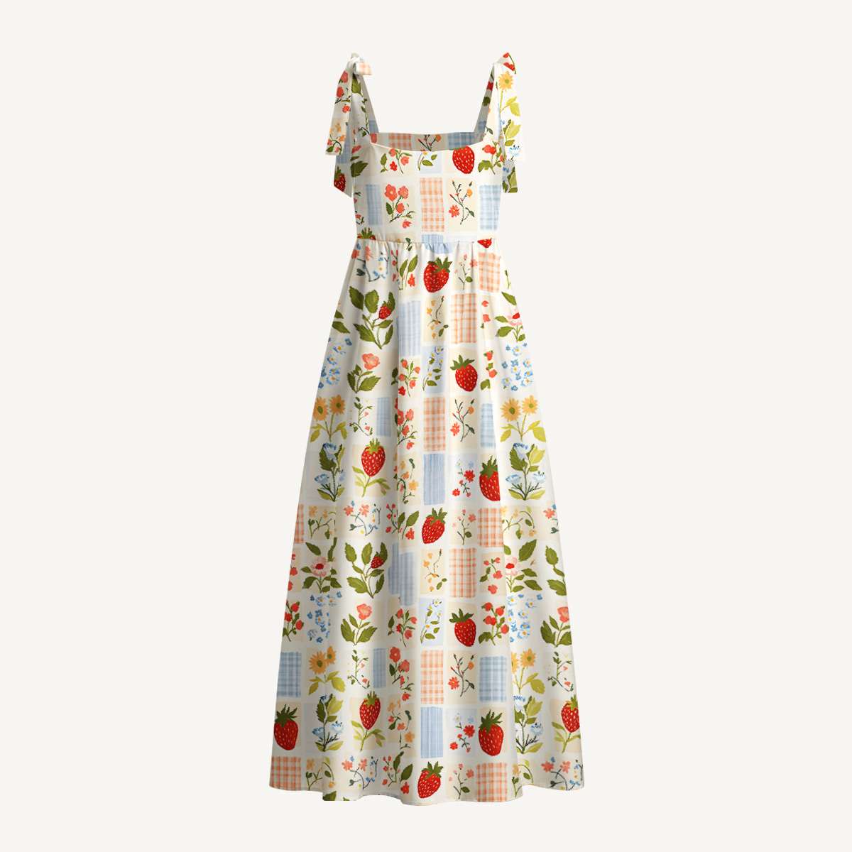 Strawberry Garden Patchwork Print Bow Strap Maxi Dress