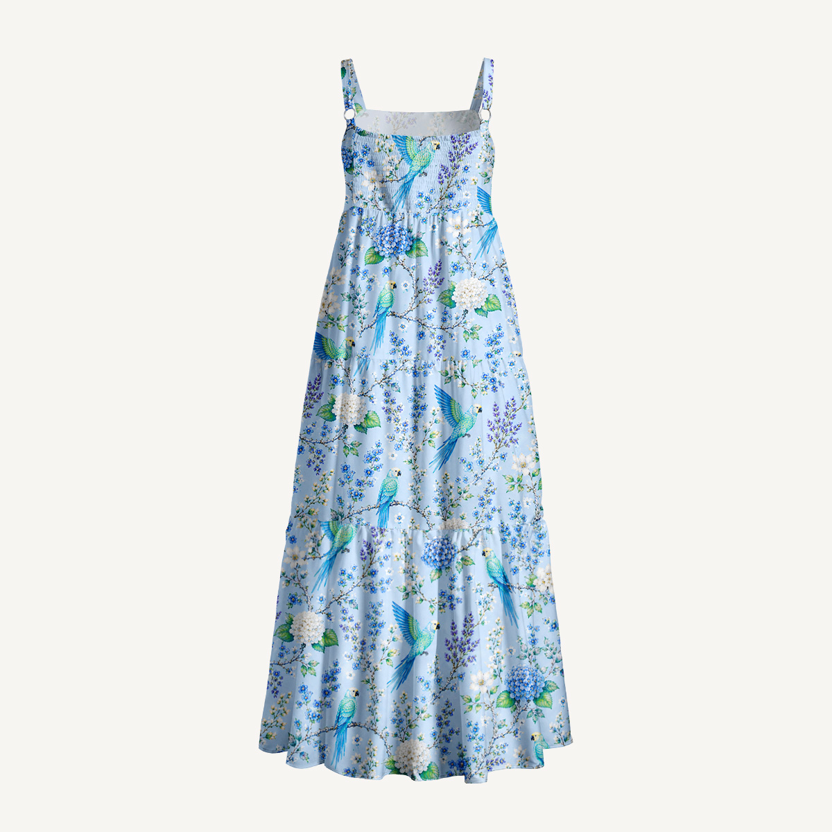 Elegant Parrots in Bloom Pattern Print Wide Straps Maxi Dress With Pockets