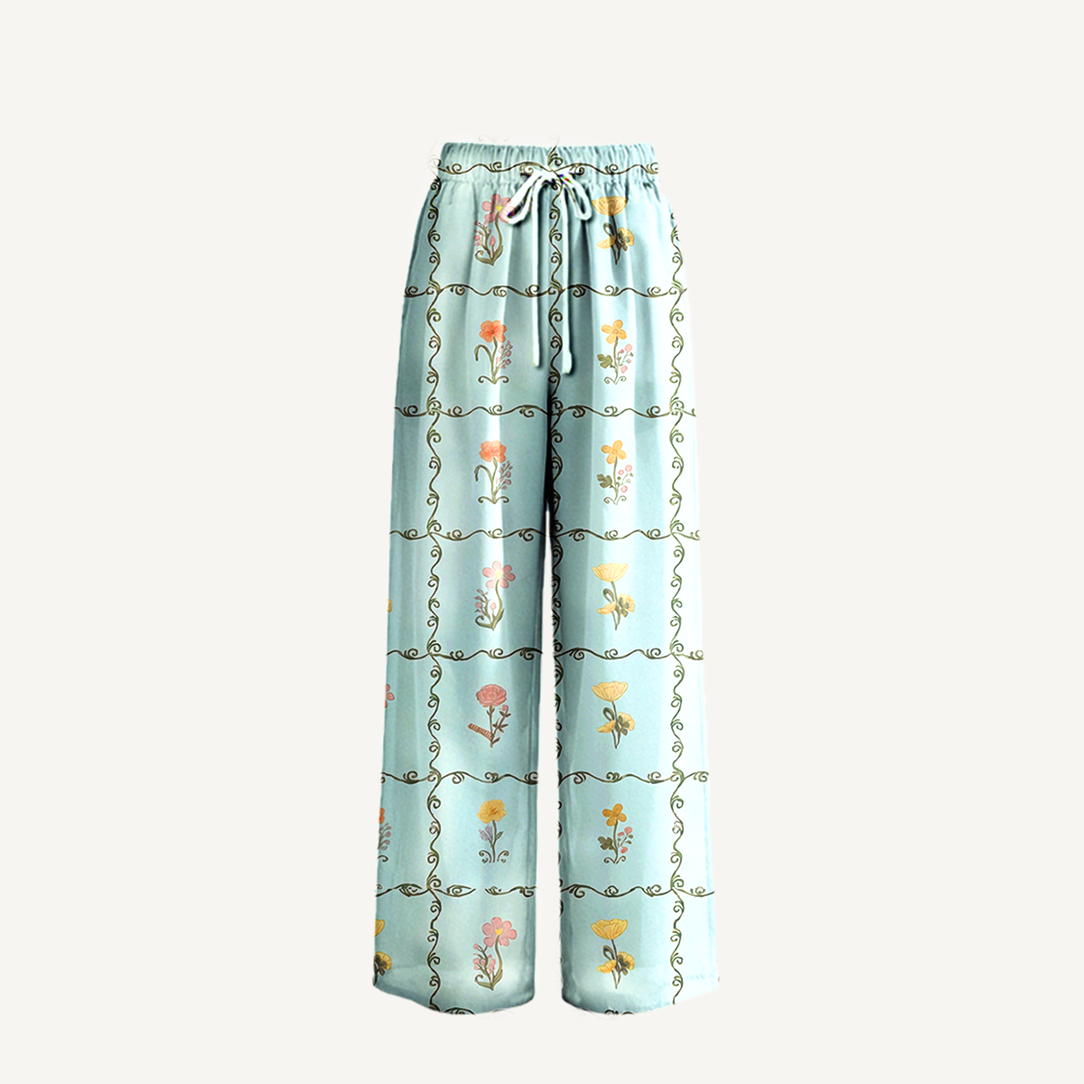 Boho Sunny Garden Tiles Wide Leg Tie Waist Pants With Pockets