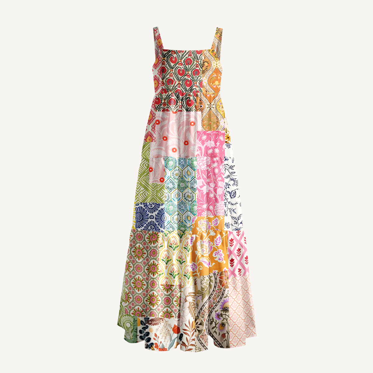 Colorful Bohemian Patchwork Print Wide Straps Maxi Dress With Pockets