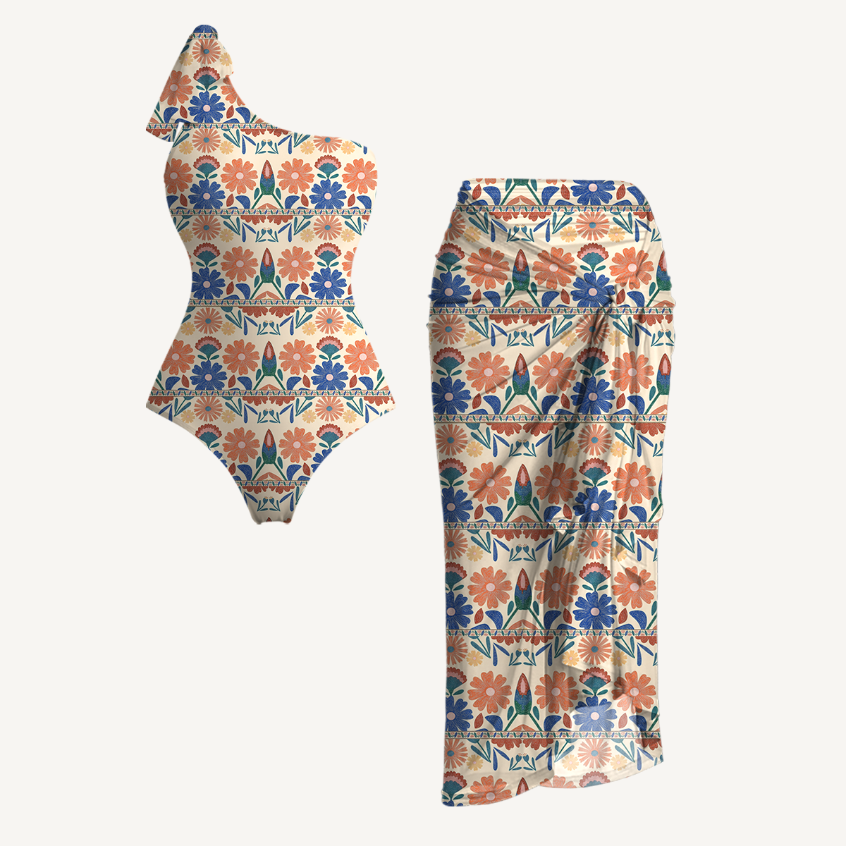 Bohemian Folk Floral Stripe One Shoulder One Piece Swimsuit and Matching Sarong Set for Women